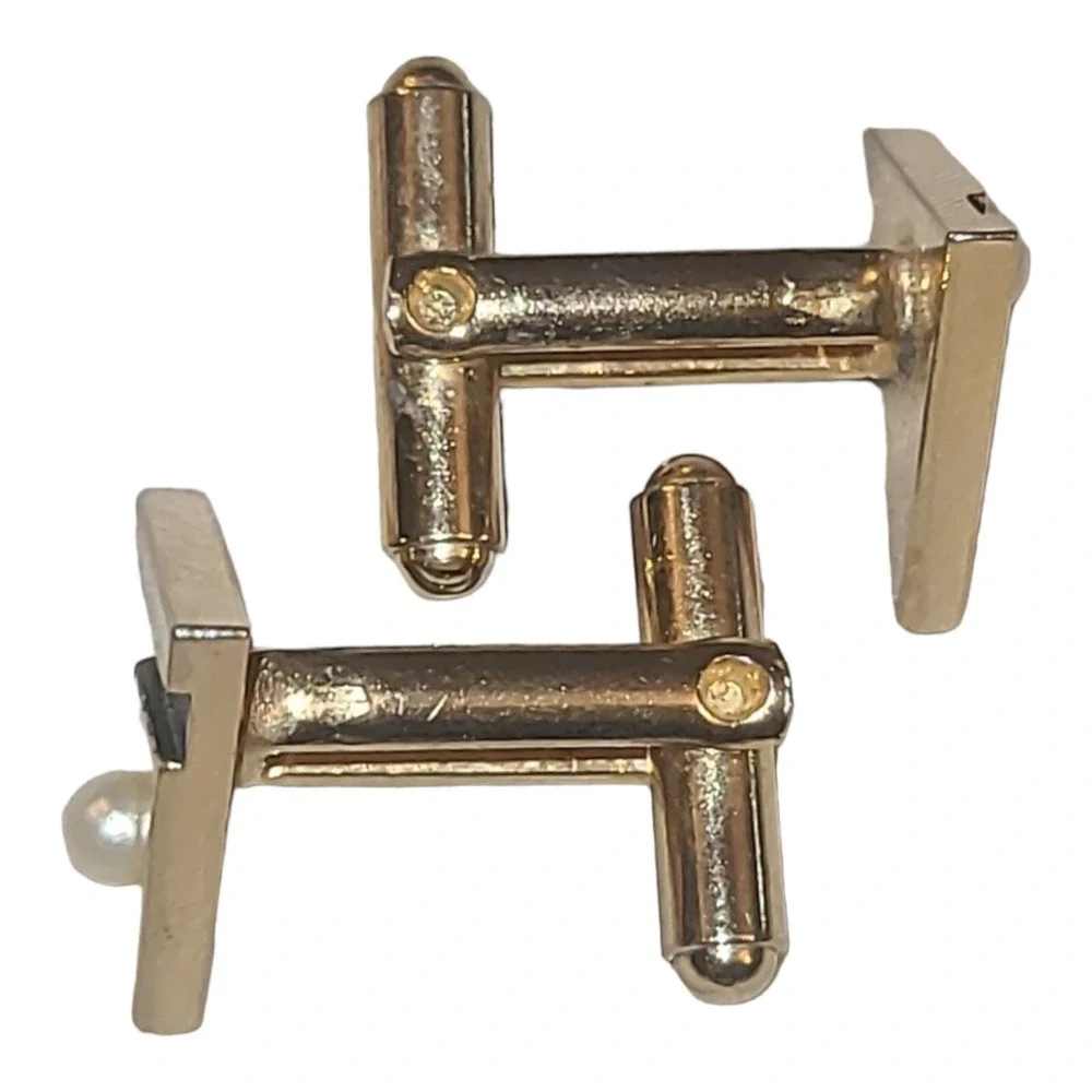Vintage Gold Tone Faux Pearls‎ Black Enamel Men's Triangle Cufflinks Unsigned